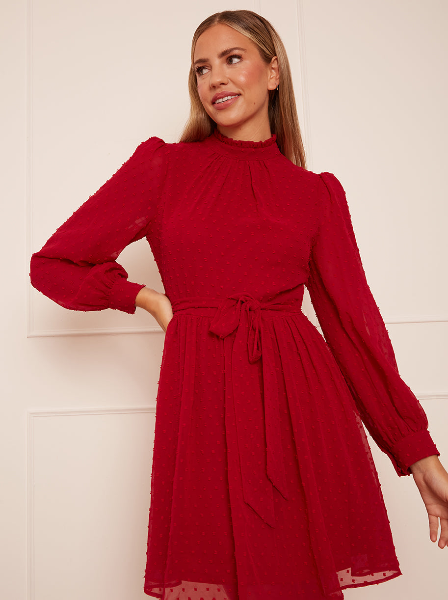 Long Sleeve Dobby Mini Dress in Red