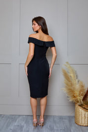Bardot Split Detail Bodycon Midi Dress in Black