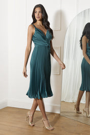 Satin Cami Pleated Midi Dress in Teal