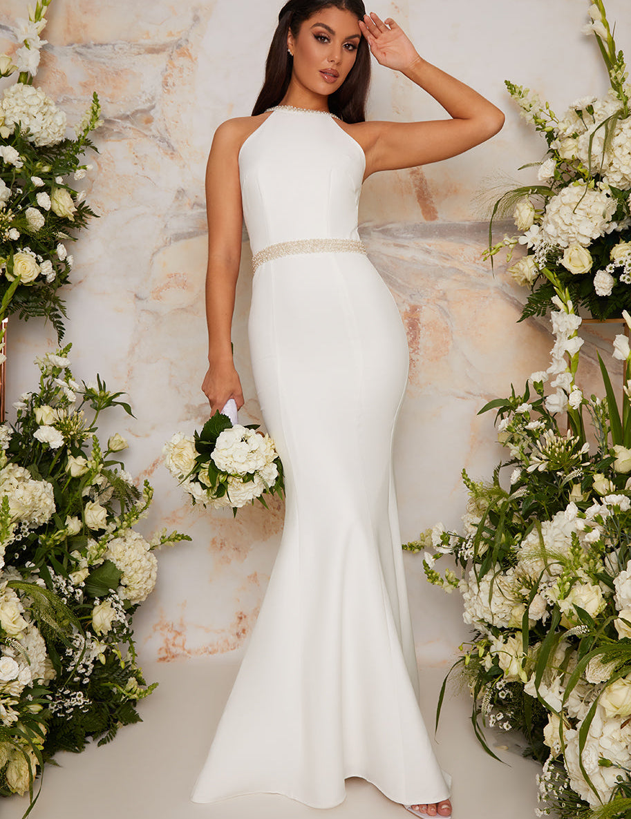 Sleeveless Trim Detail Bridal Dress in White