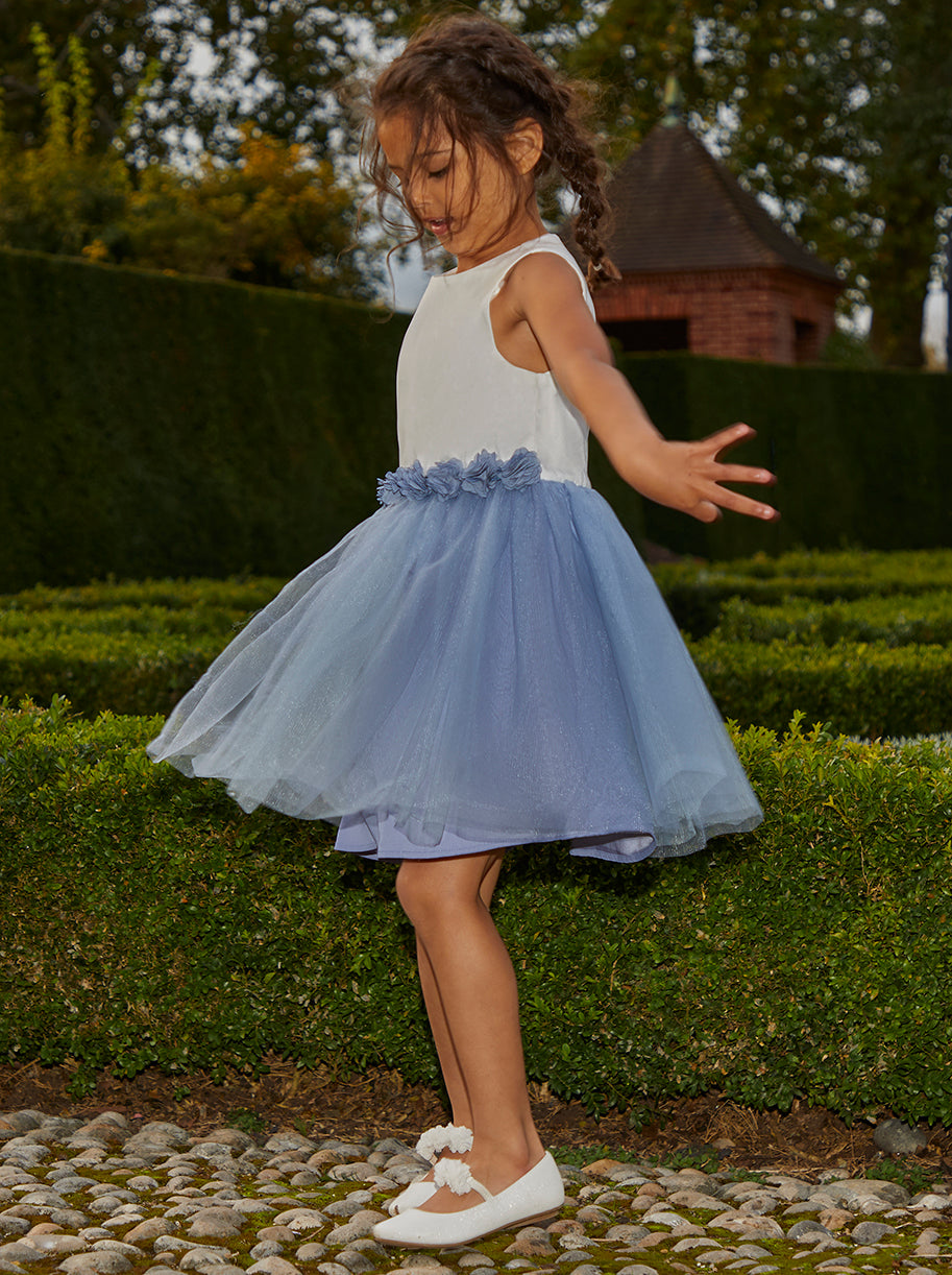 Girls Contrast 3D Floral Tutu Dress in Blue