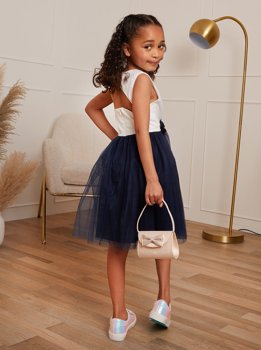 Younger Girls Contrast 3D Floral Tutu Dress in Navy