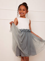 Girls Contrast 3D Floral Tutu Dress in Green