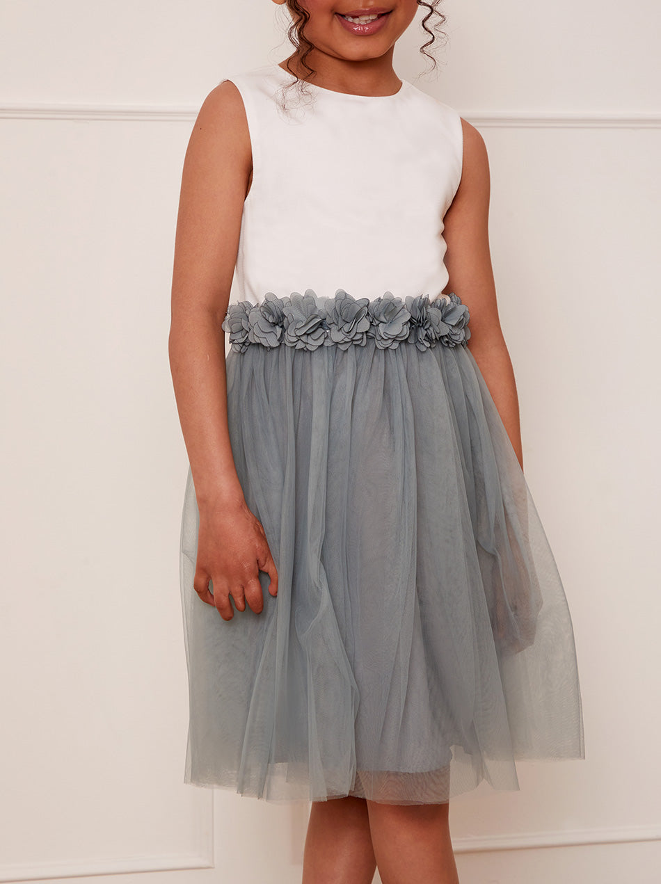 Girls Contrast 3D Floral Tutu Dress in Green