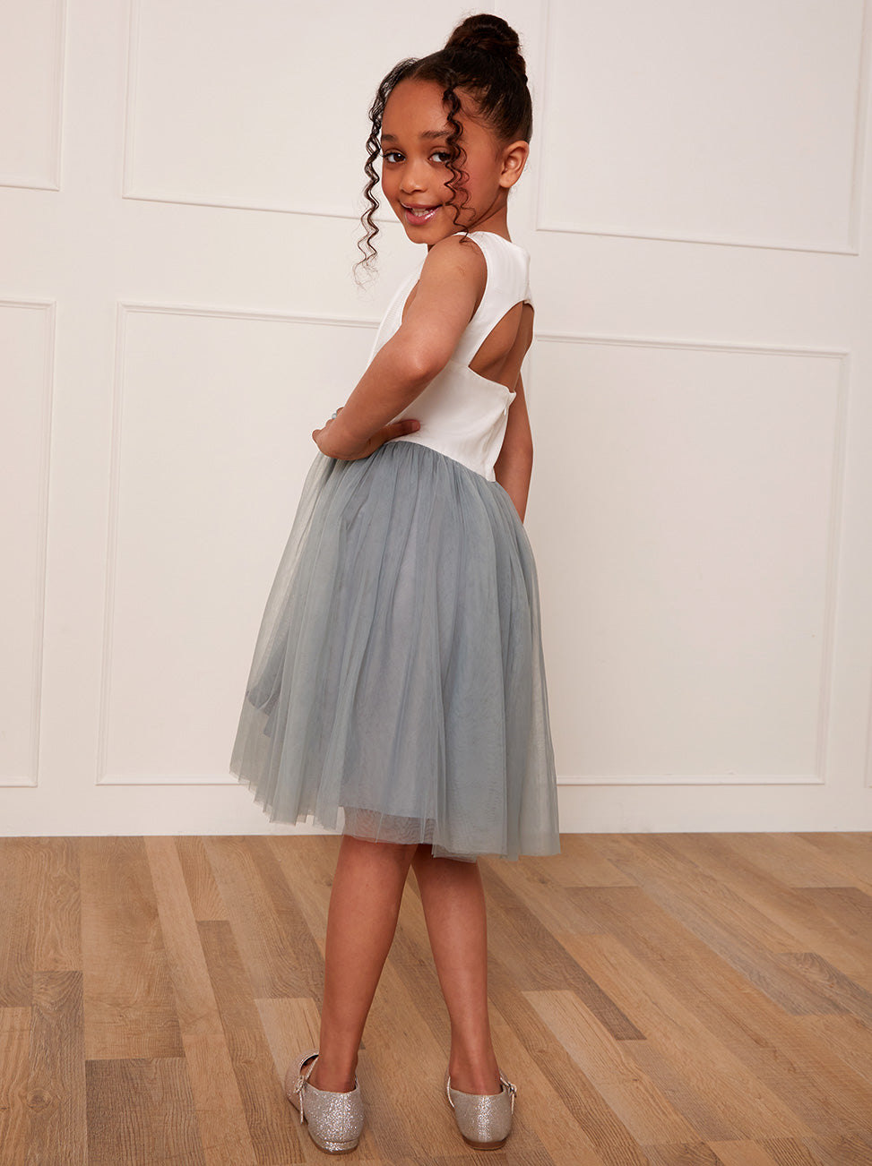 Girls Contrast 3D Floral Tutu Dress in Green