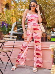 Sleeveless Abstract Camo Print Jumpsuit in Pink