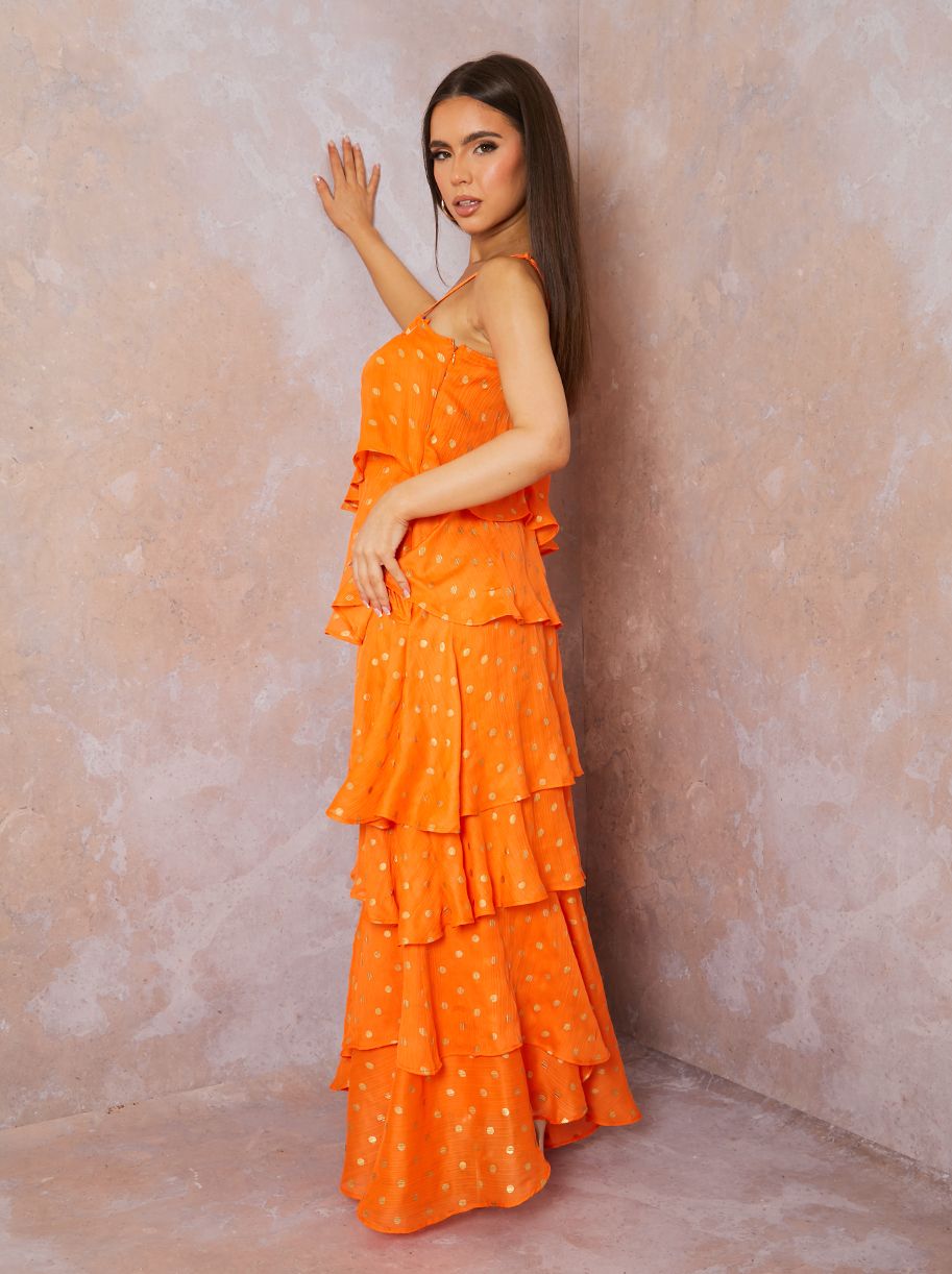 Chi Chi London Women's Cami Foil Spot Print Tiered Maxi Dress in Orange | Size: 8 Chi Chi London Women's Cami Foil Spot Print Tiered Maxi Dress in Orange | Size: 8