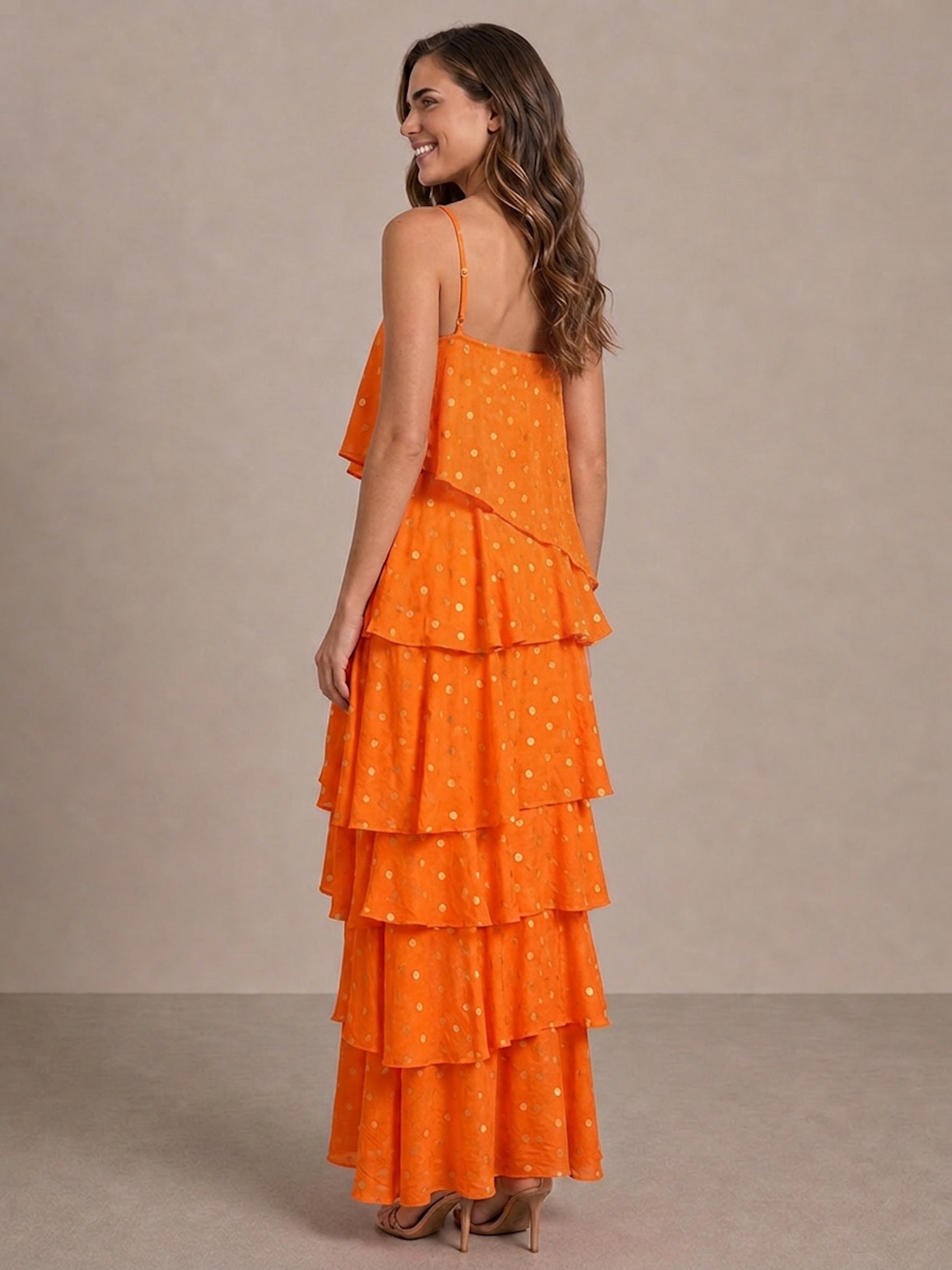 Cami Foil Spot Print Tiered Maxi Dress in Orange