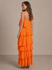 Cami Foil Spot Print Tiered Maxi Dress in Orange