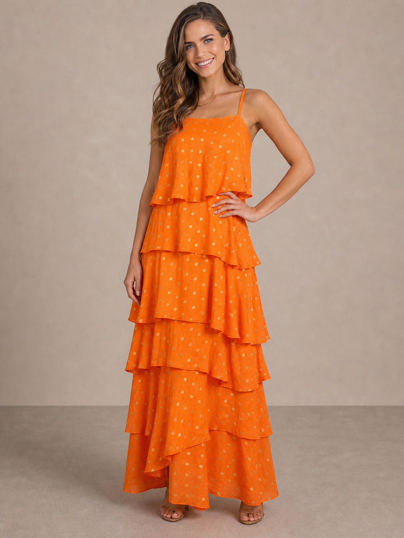 Cami Foil Spot Print Tiered Maxi Dress in Orange