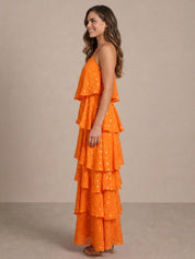 Cami Foil Spot Print Tiered Maxi Dress in Orange