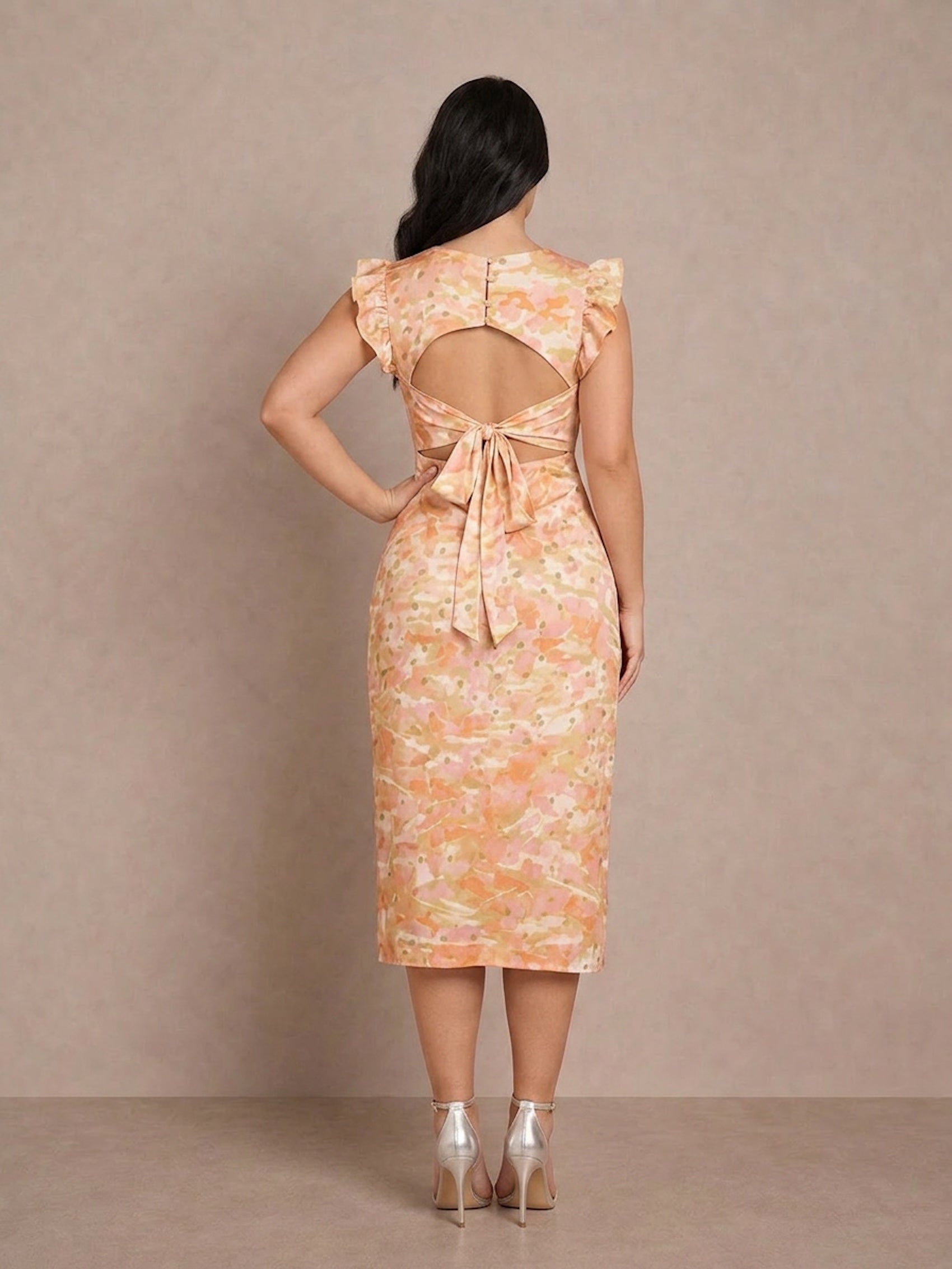Plus Size V Neck Abstract Foil Spot Print Midi Dress in Multi