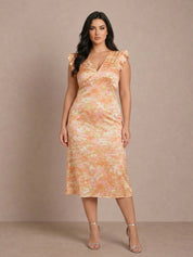 Plus Size V Neck Abstract Foil Spot Print Midi Dress in Multi