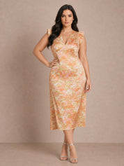 Plus Size V Neck Abstract Foil Spot Print Midi Dress in Multi
