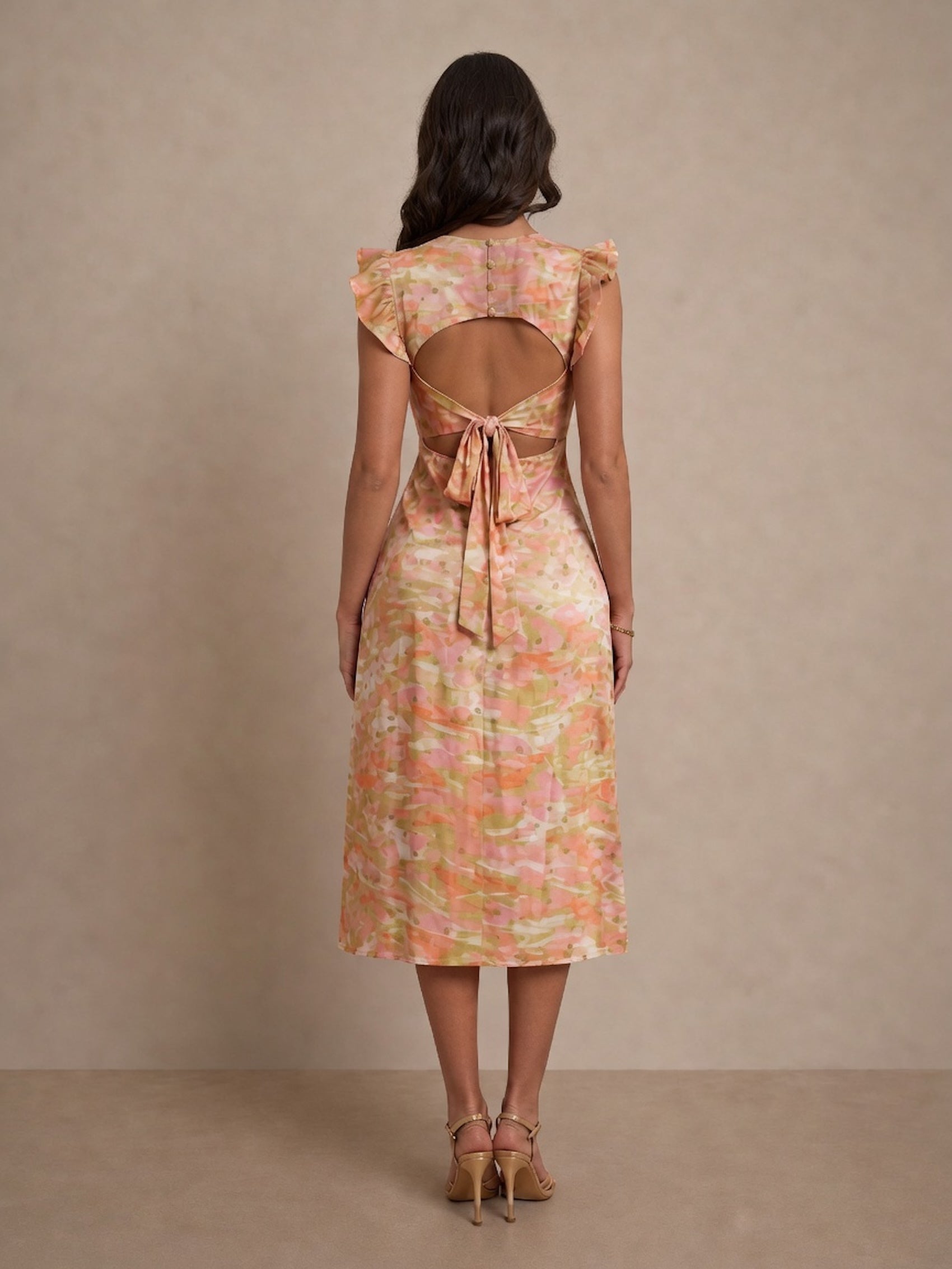 V Neck Abstract Foil Spot Print Midi Dress in Multi