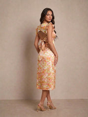 V Neck Abstract Foil Spot Print Midi Dress in Multi