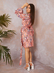 Long Sleeve Wrap Detail Abstract Print Shirt Dress in Multi