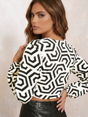 Twist Front Geometric Print Shirt in Monochrome