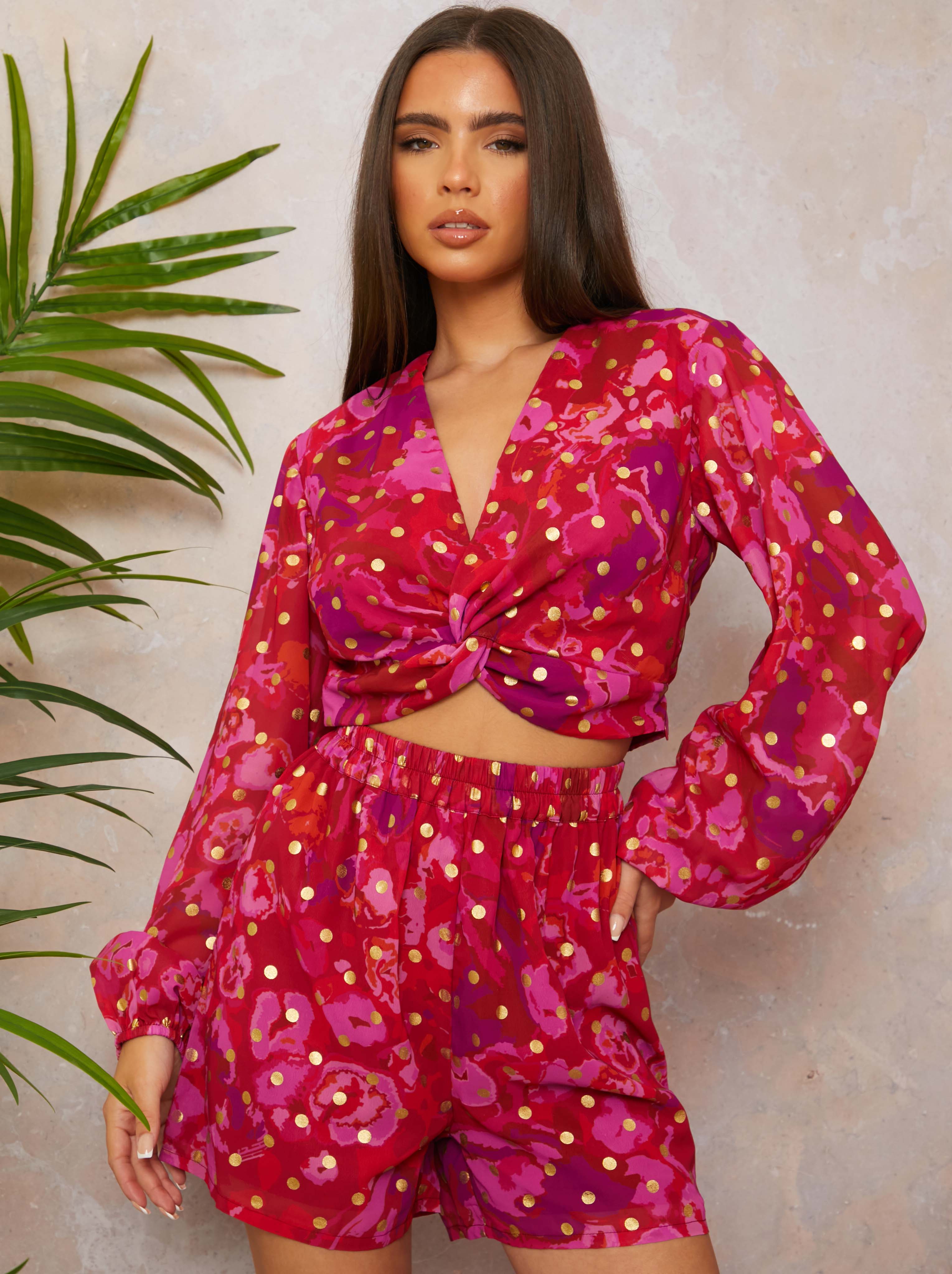 Twist Front Abstract Foil Spot Print Shirt in Berry