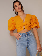 Ring Front Puff Sleeve Top in Orange