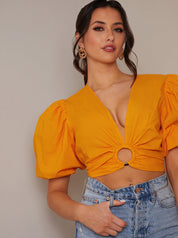 Ring Front Puff Sleeve Top in Orange