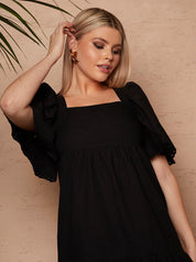 Broderie Anglaise Sleeve Poplin Mini Dress in Black