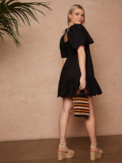 Broderie Anglaise Sleeve Poplin Mini Dress in Black
