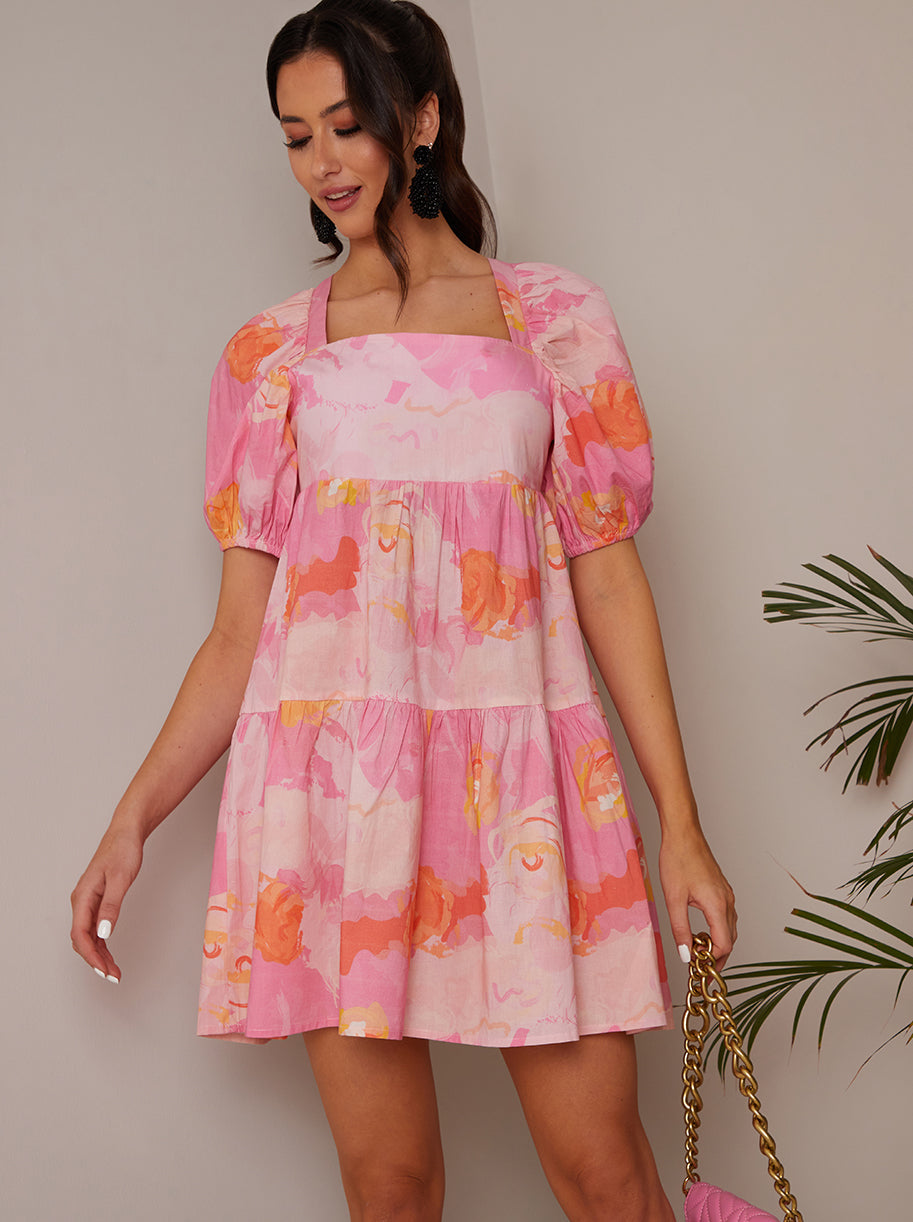 Puff Sleeve Washed Floral Mini Dress in Pink