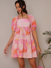 Puff Sleeve Washed Floral Mini Dress in Pink