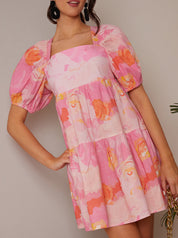 Puff Sleeve Washed Floral Mini Dress in Pink