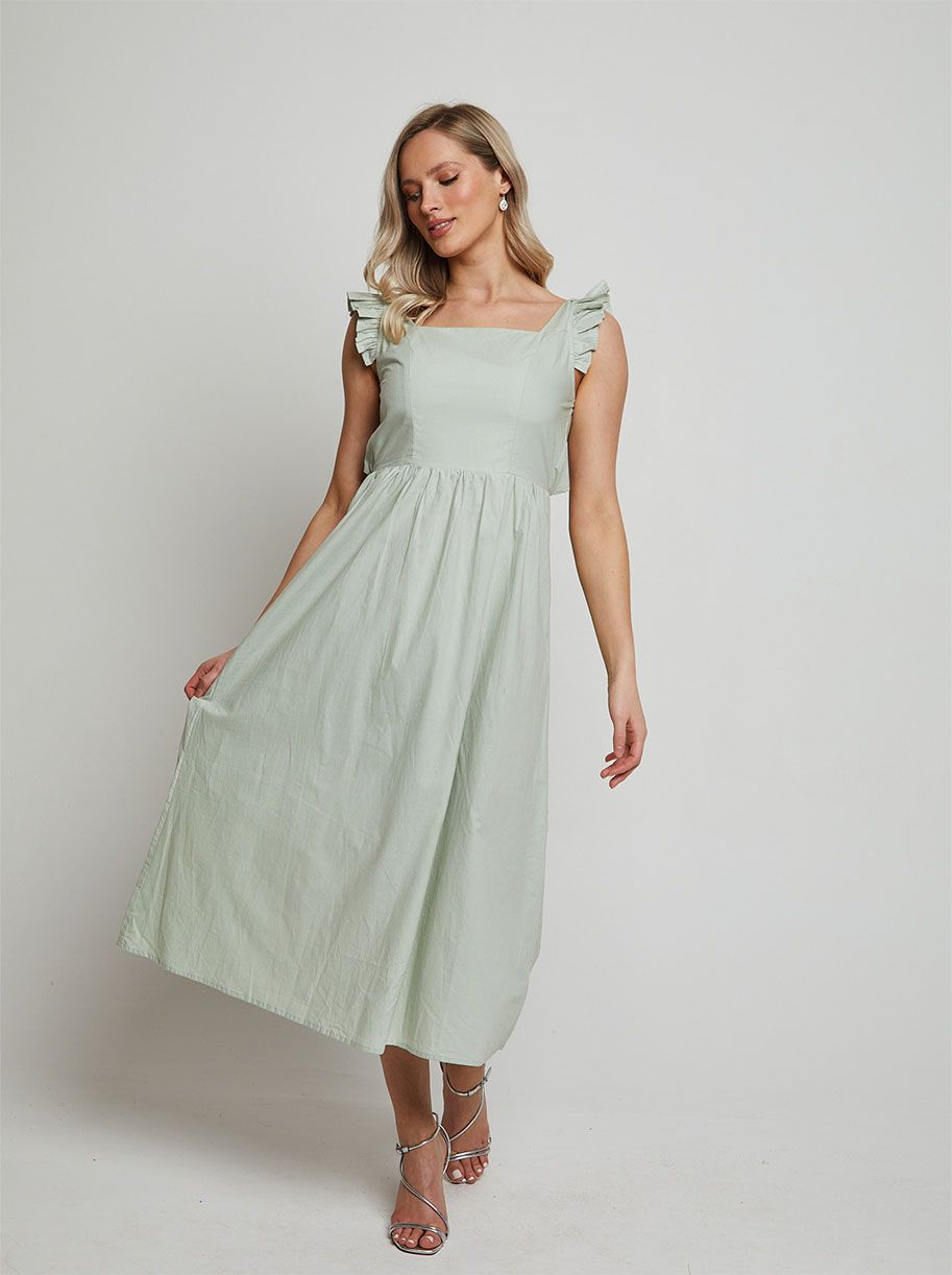 Ruffle Sleeve Cotton Poplin Midi Dress in Green | Chi Chi London UK