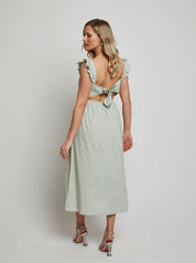 Ruffle Sleeve Cotton Poplin Midi Dress in Green
