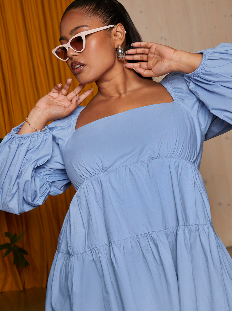 Chi Chi Plus Size Square Neck Cotton Tiered Mini Dress in Blue, Size 20 Chi Chi Plus Size Square Neck Cotton Tiered Mini Dress in Blue, Size 20