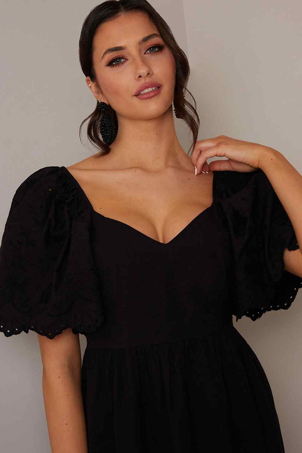 Broderie Sleeve Poplin Maxi Dress in Black