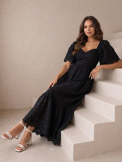 Broderie Sleeve Poplin Maxi Dress in Black