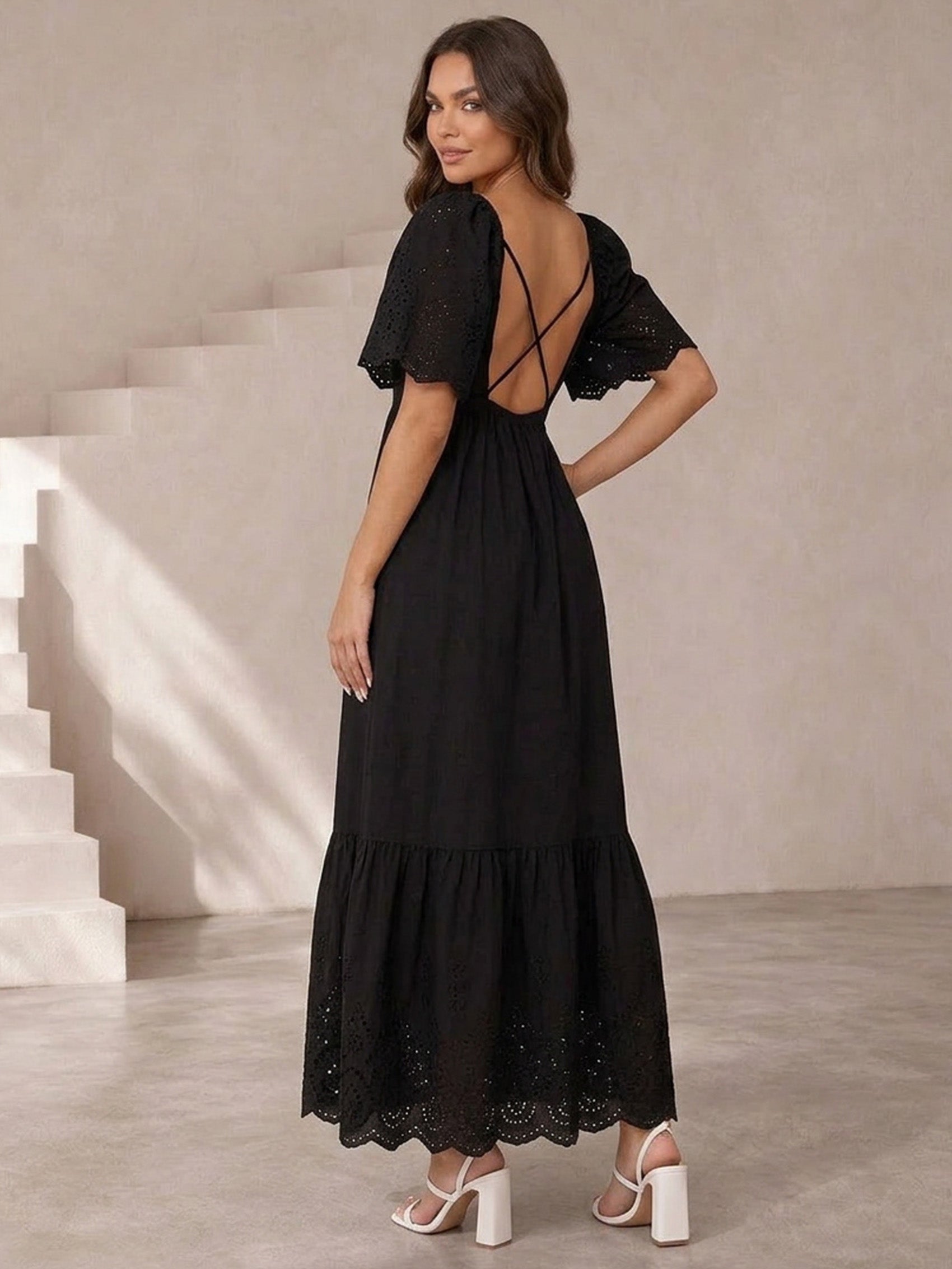 Broderie Sleeve Poplin Maxi Dress in Black