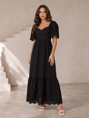 Broderie Sleeve Poplin Maxi Dress in Black