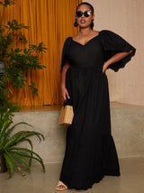 Plus Size Broderie Sleeve Poplin Maxi Dress in Black