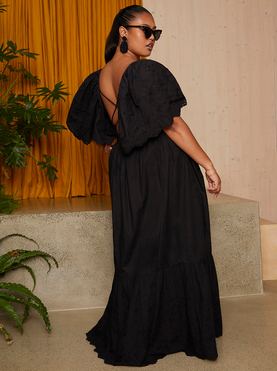 Plus Size Broderie Sleeve Poplin Maxi Dress in Black