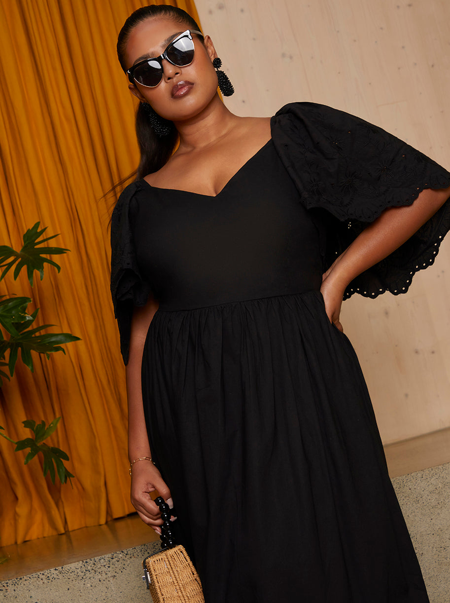 Plus Size Broderie Sleeve Poplin Maxi Dress in Black