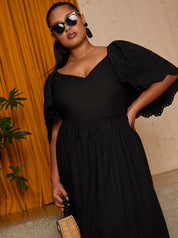 Plus Size Broderie Sleeve Poplin Maxi Dress in Black