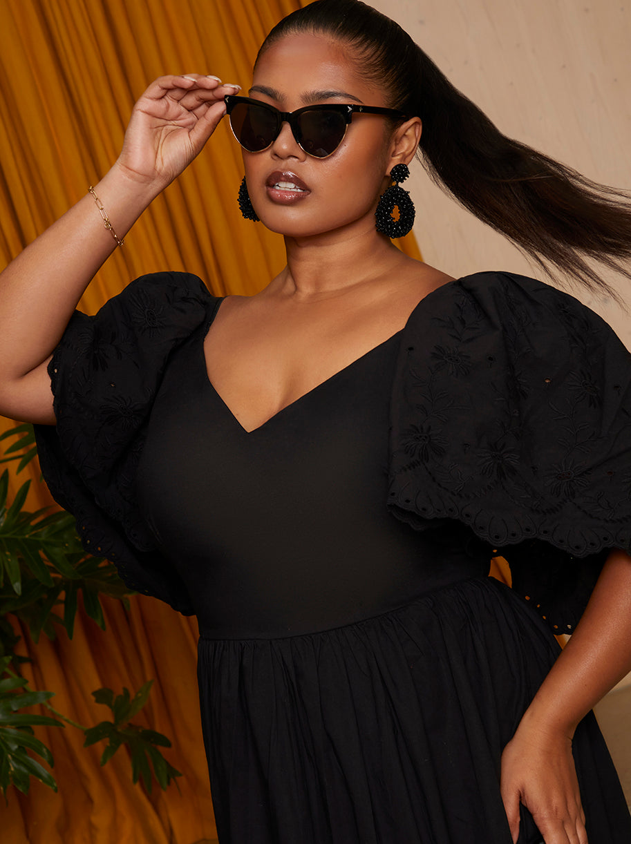 Plus Size Broderie Sleeve Poplin Maxi Dress in Black