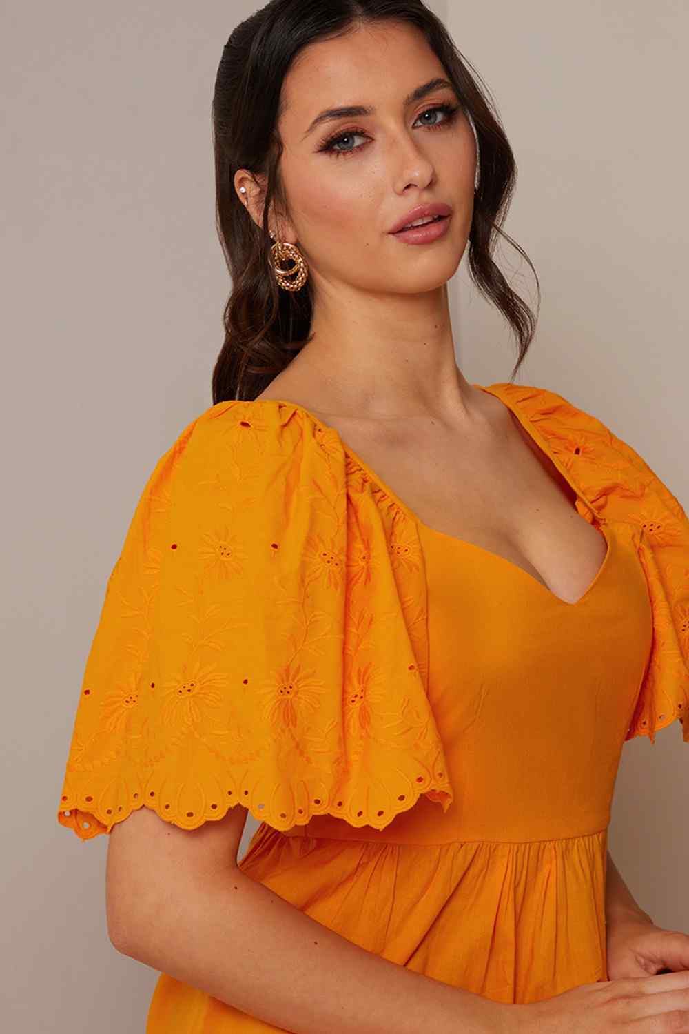 Chi Chi London Women's Broderie Anglaise Sleeve Poplin Maxi Dress in Orange