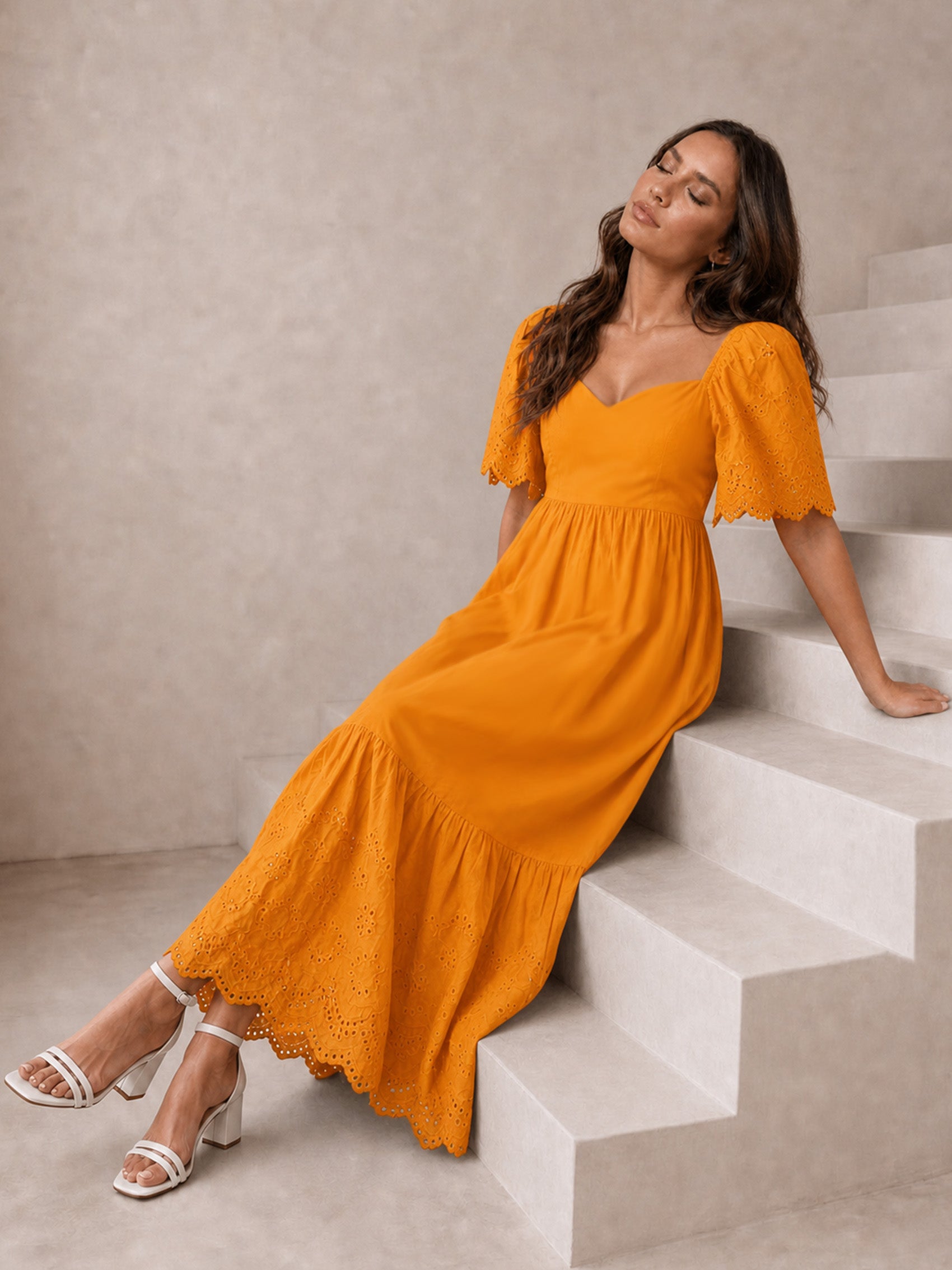 Broderie Anglaise Sleeve Poplin Maxi Dress in Orange