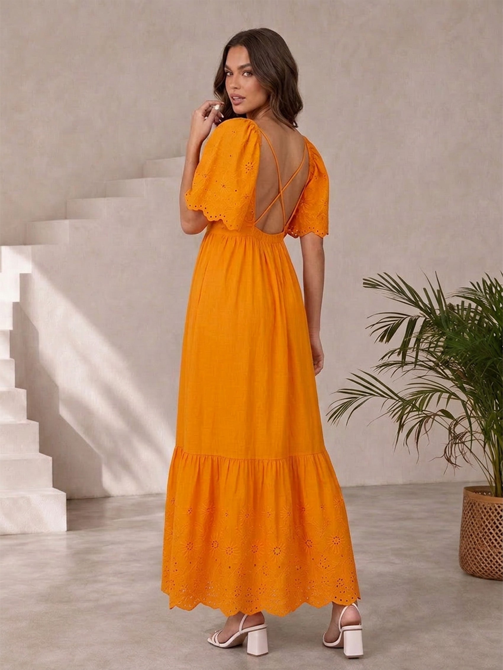 Chi Chi London Women's Broderie Anglaise Sleeve Poplin Maxi Dress in Orange