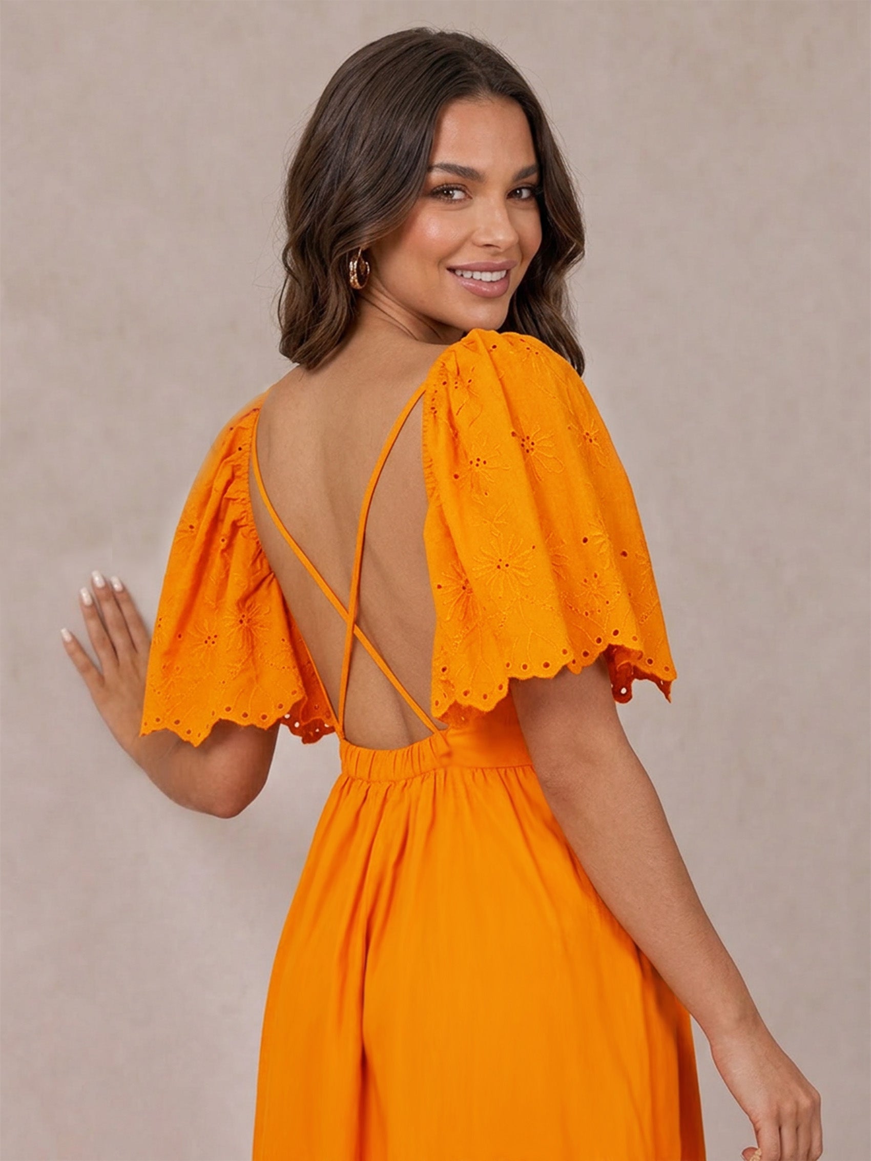Broderie Anglaise Sleeve Poplin Maxi Dress in Orange