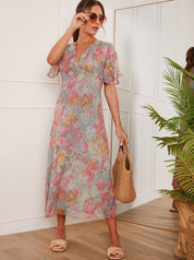 V Neck Floral Print Midi Dress in Grey