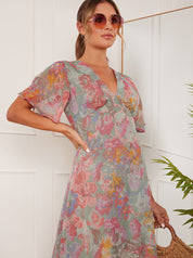 V Neck Floral Print Midi Dress in Grey
