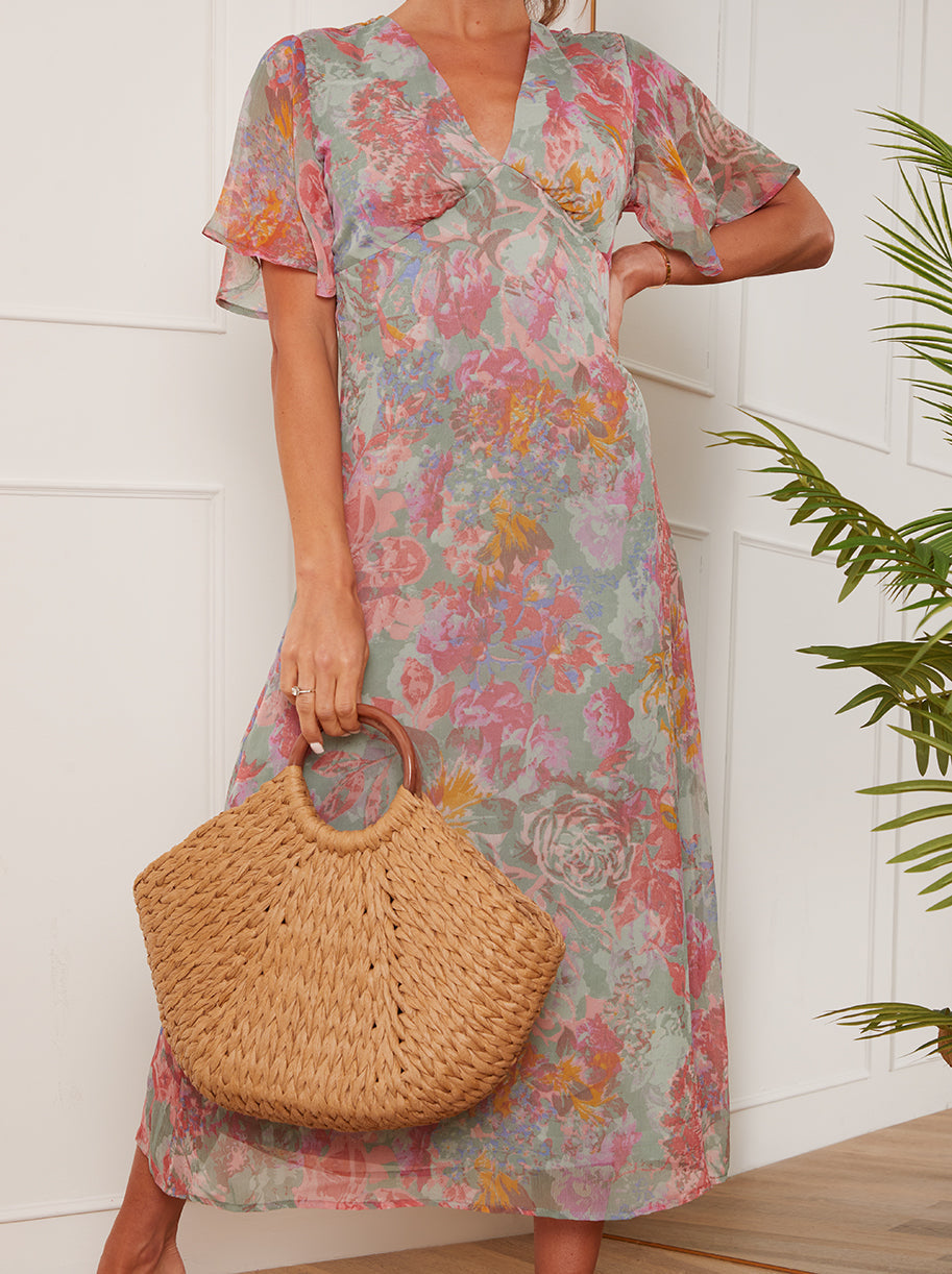 V Neck Floral Print Midi Dress in Grey