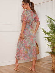 V Neck Floral Print Midi Dress in Grey
